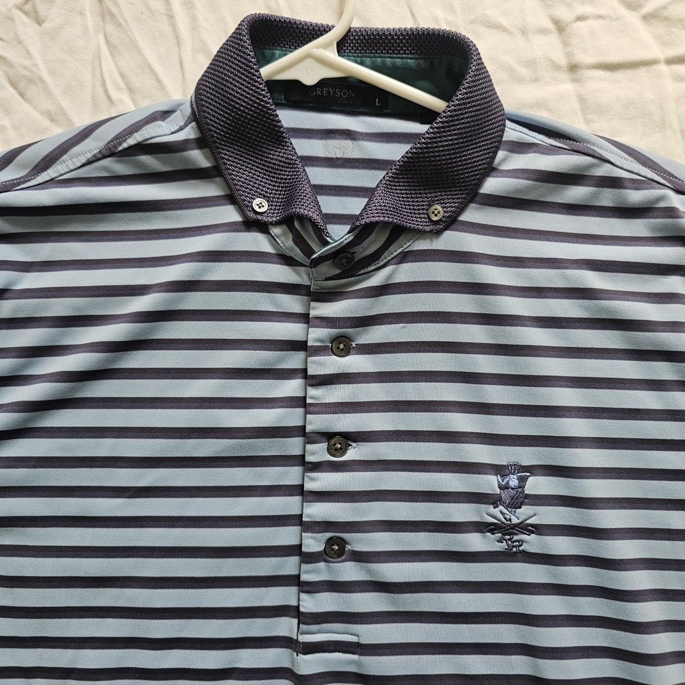 Greyson Blue Striped Athletic‎ Golf Performance Polo Shirt Mens Large - Picture 3 of 8